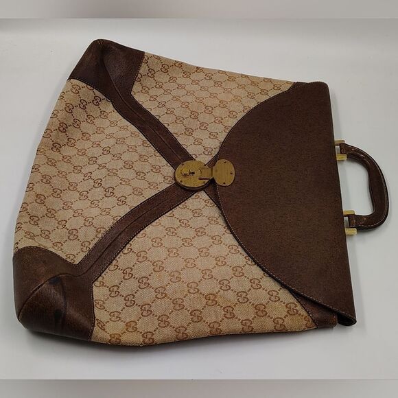 Gucci Brown Leather & Cream Logo Monogram Satchel Bag Vintage - Picture 7 of 16